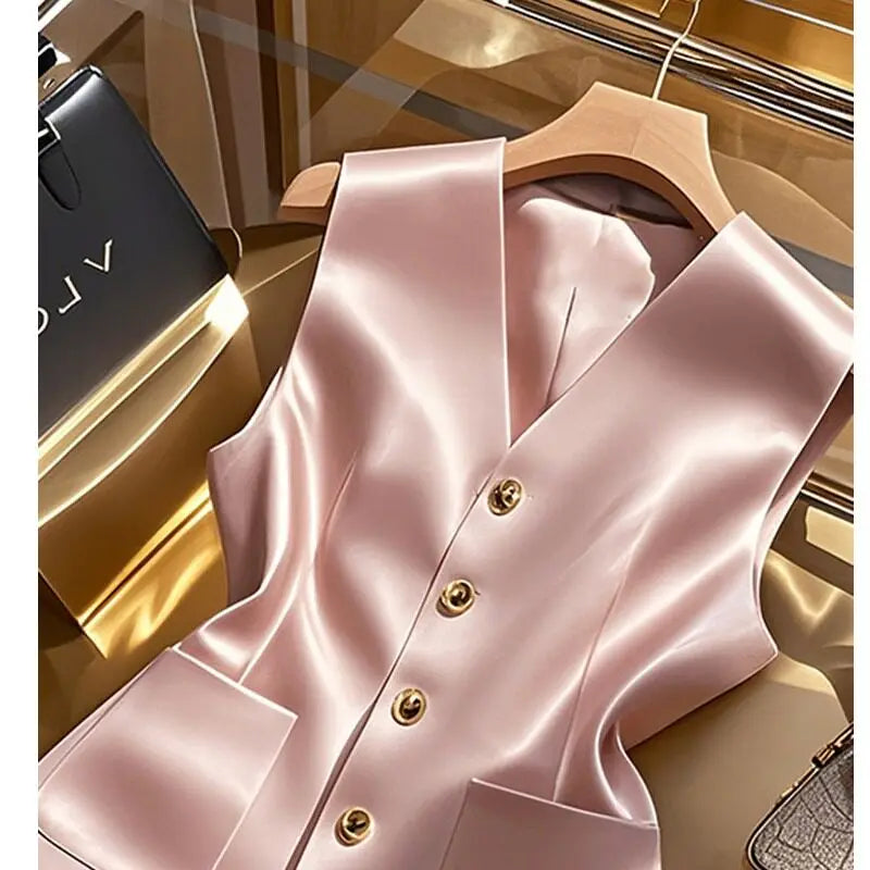 Elegant Pink Satin Waistcoat Vest For Women V‑neck Sleeveless Blazer Vest Pockets Slim Office Business Formal Lady Outerwear Top