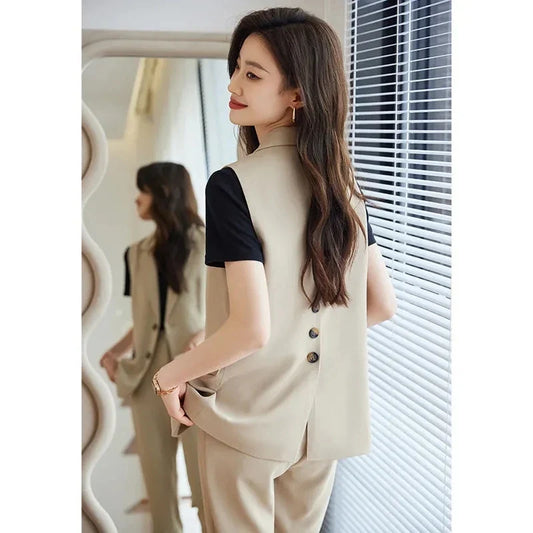 Women Lapel Collar Vest Coat All-Matched Single Breasted Sleeveless Waistcoat Solid Chic Office Lady Jacket Femme Tops Outerwear