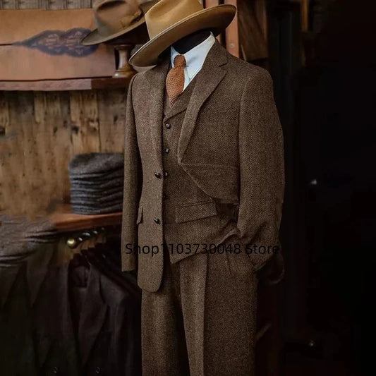 Brown/Gray Men's Wool Tweed Slim Fit 3 Piece Suit Winter Formal Herringbone Business Groom Tuxedo Male Jacket Vest Pants Set