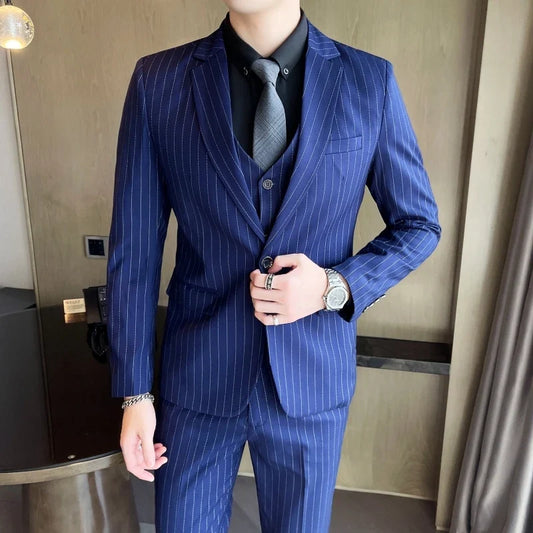 Men's Linen 3-Piece Slim Fit Suit – Peak Lapel | Blue & Beige | XS–6XL