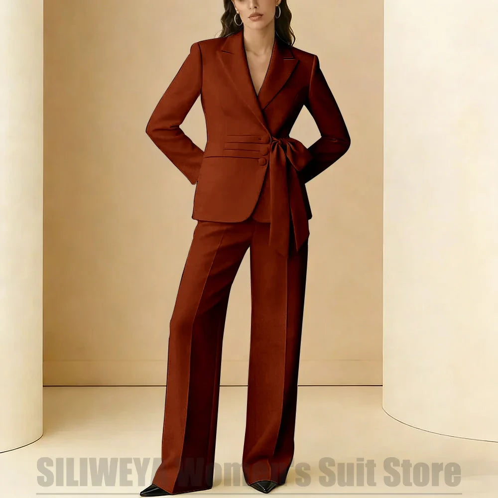Women's Suit 2 Piece Bow Belt Design Formal Outfit for Wedding Party Prom Office Fashion Peak Lapel Daily Casual Lady Suits