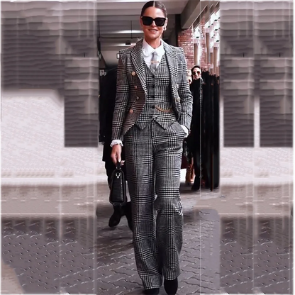 Women Houndstooth 3 Pieces Suit Blazer Vest Pants Slim Fit Peak Lapel Office Lady Wedding Guest Party Business Formal Outfit