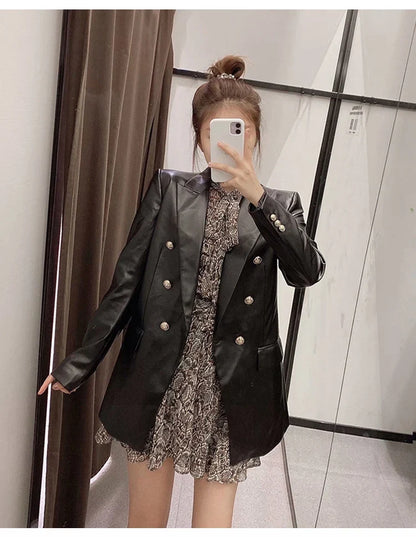 Women Fashion Notched Double Breasted PU Leather Blazers Coat Casual Straight Long Sleeve Back Vents Female Outerwear Chic Tops