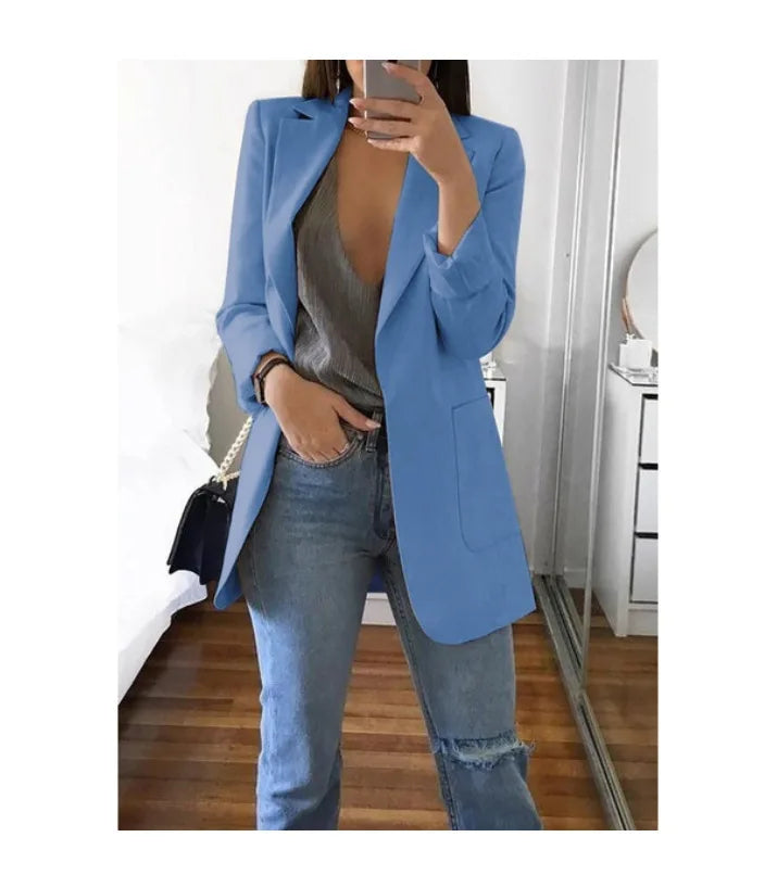 Women's Casual Blazer Notched Lapel Long Sleeve Open Jacket with Pockets Slim Fit Spring Autumn Office Lady Streetwear Coat