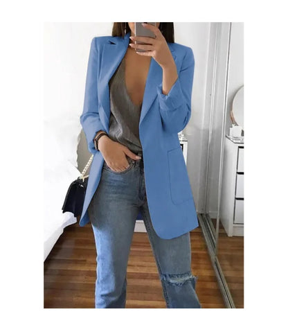 Women's Casual Blazer Notched Lapel Long Sleeve Open Jacket with Pockets Slim Fit Spring Autumn Office Lady Streetwear Coat