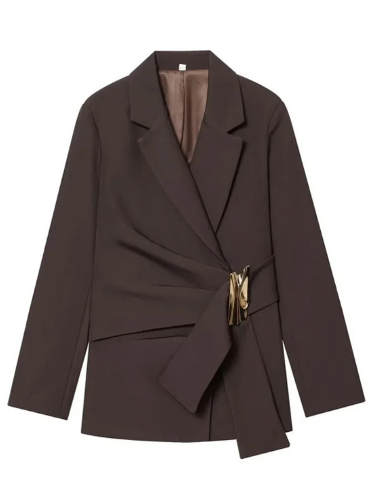 Women Asymmetric Buckle Blazer Elegant Wrap Suit Jacket Slim Waist Tailored Office Lady Workwear Fashion Blazer Coat