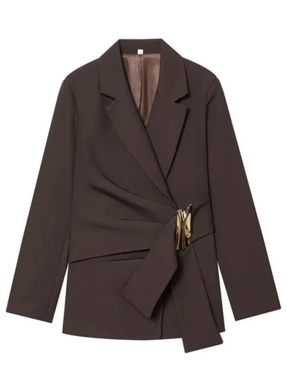Women Asymmetric Buckle Blazer Elegant Wrap Suit Jacket Slim Waist Tailored Office Lady Workwear Fashion Blazer Coat