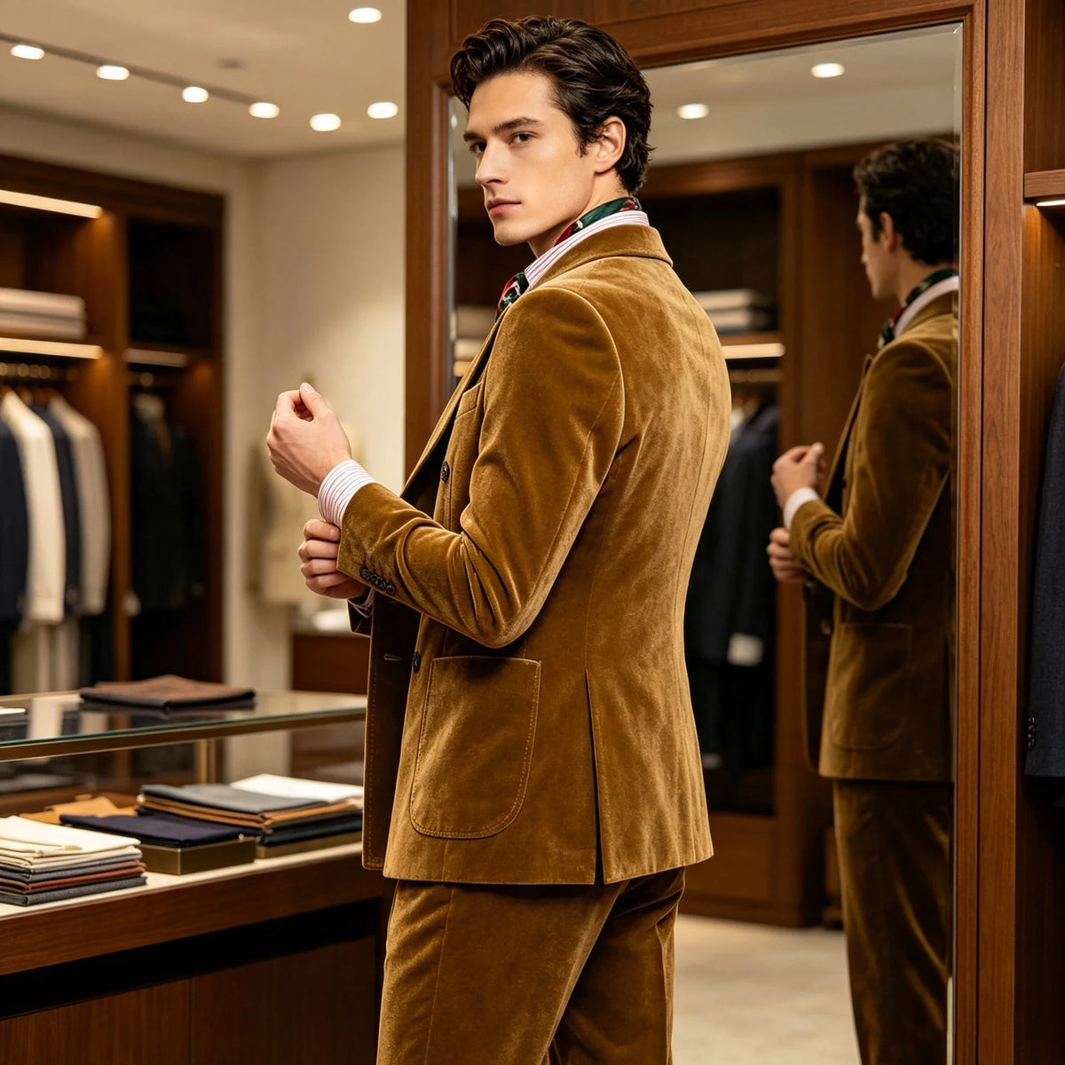 Men's Velvet Suit 2 Piece Double Breasted Peak Lapel Blazer & Straight Leg Pants for Formal & Wedding