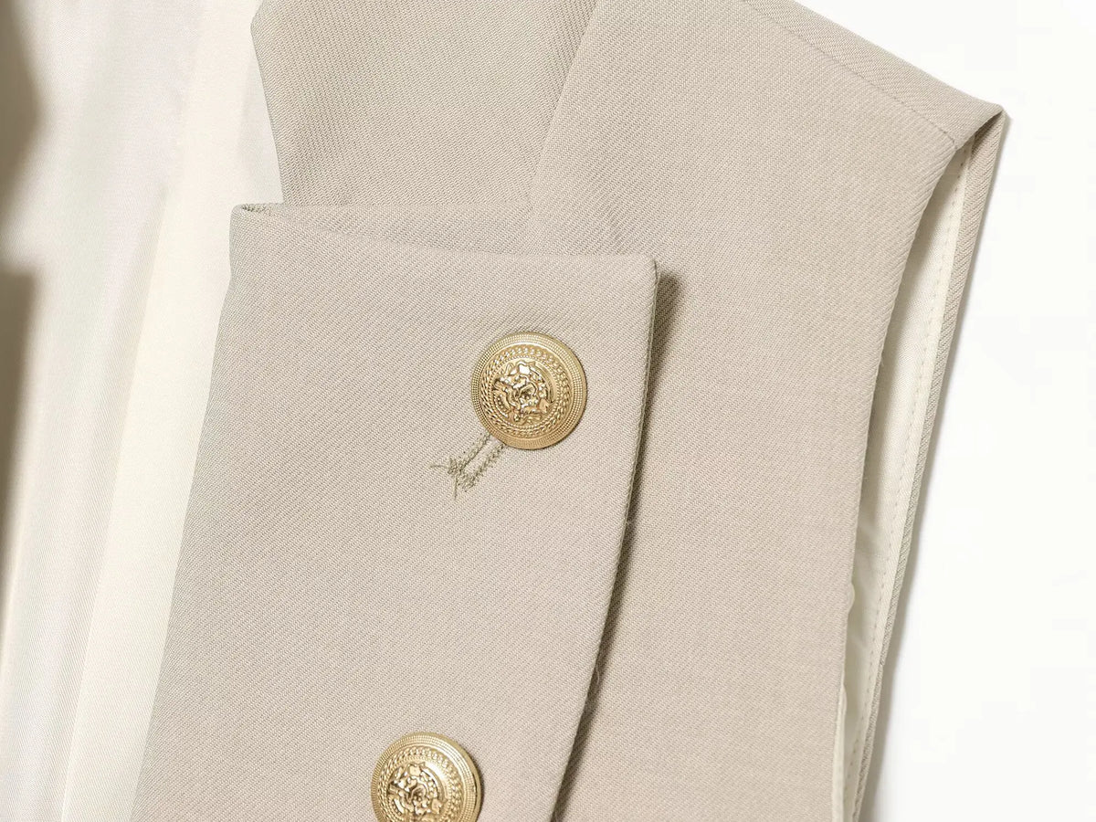 2026 Elegant Office Women Sleeveless Waistcoat Lapel Double Breasted Metal Gold Button Flap Pockets Slim Business Suit Vest