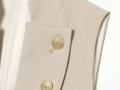 2026 Elegant Office Women Sleeveless Waistcoat Lapel Double Breasted Metal Gold Button Flap Pockets Slim Business Suit Vest