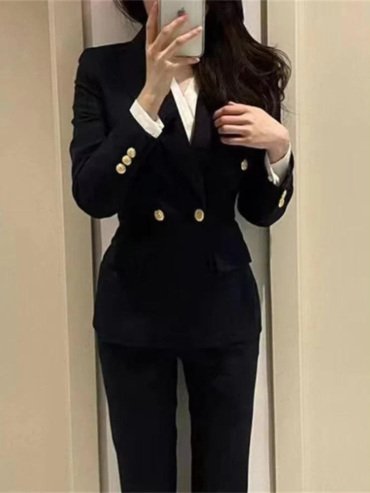 Navy blue Fashion Women Pant Suit Long Sleeve Solid Ladies Blazer and Trouser Formal 2 Piece Sets