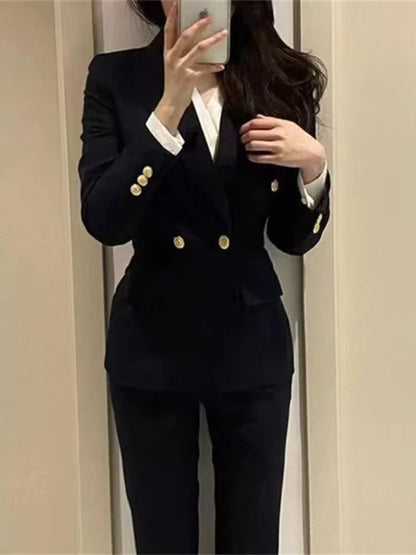 Navy blue Fashion Women Pant Suit Long Sleeve Solid Ladies Blazer and Trouser Formal 2 Piece Sets