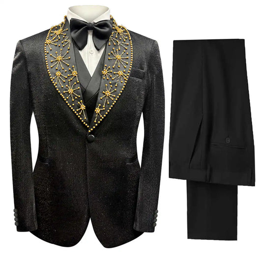 M25990 Sparkling Men Suits 2 Pieces Business Blazer Pants One Button Sequin Pearls Wedding Groom Work Wear Party Customized New