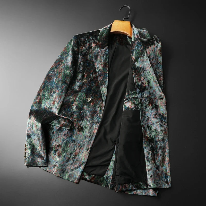 Korean Velvet Printed Suit Jacket for Men Double-breasted Social Business Jacket High Quality Casual Banquet Party Jacket 2025