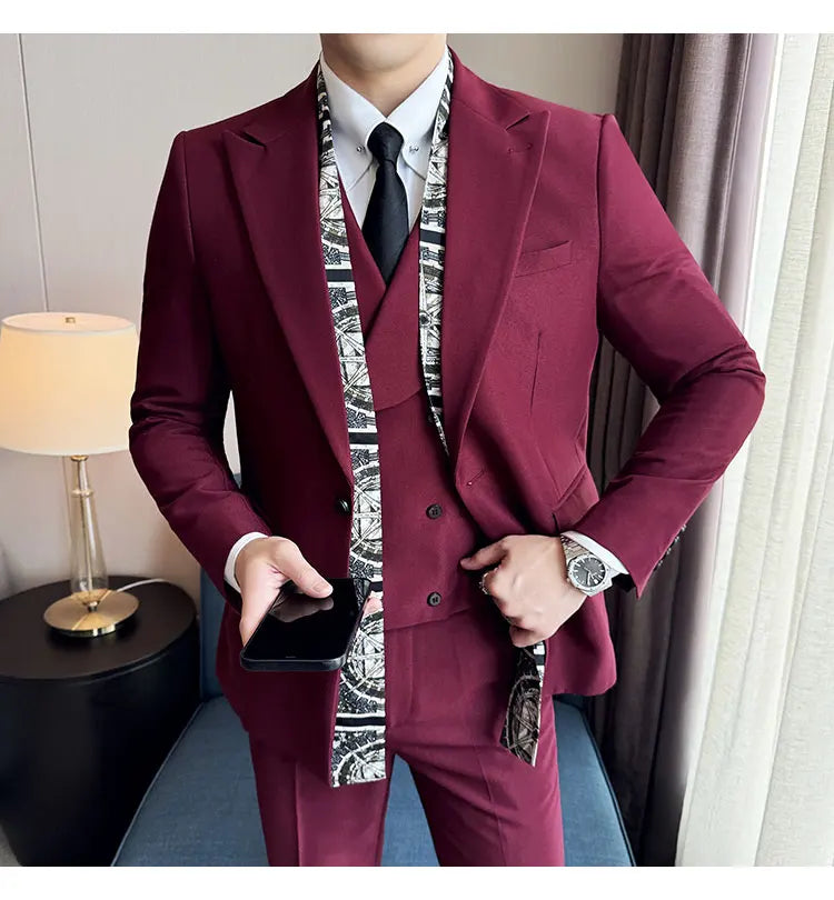 Double Collar Suit Set 3 Pieces Business Formal Casual Suits Vest Trousers Office Work Party Prom Wedding Groomsmen Clothing