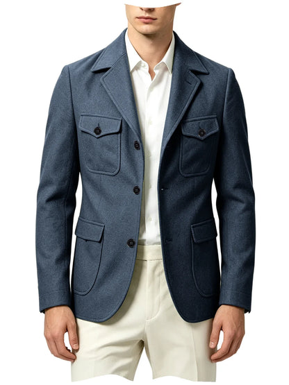 Men's Wool Blazer Notched Lapel Slim Fit 3 Buttons Suit Jacket Multi Pockets Casual Business Autumn Winter Dress Coat Daily Wear