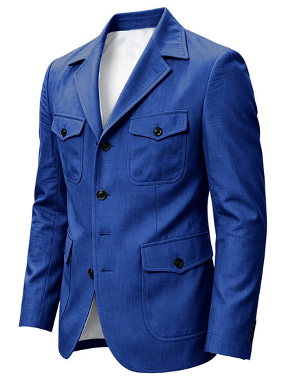 Men's Linen Safari Blazer Four Flap Pockets Slim Soft Jacket Casual Business Coat For Street Outdoor Vacation Party Daily Travel