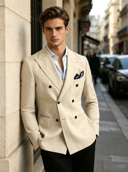 Men’s Linen Blend Suit Blazer Double Breasted Casual Peak Lapel British Style Jacket  Soft Breathable Men Suit For Summer Beach