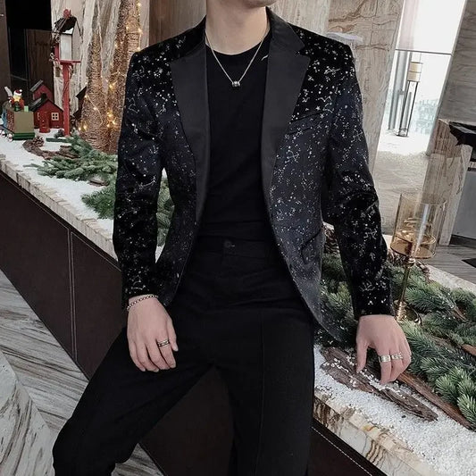 Men's Blazer Single Breasted Black Elegant Korean Style for Banquet & Daily Wear