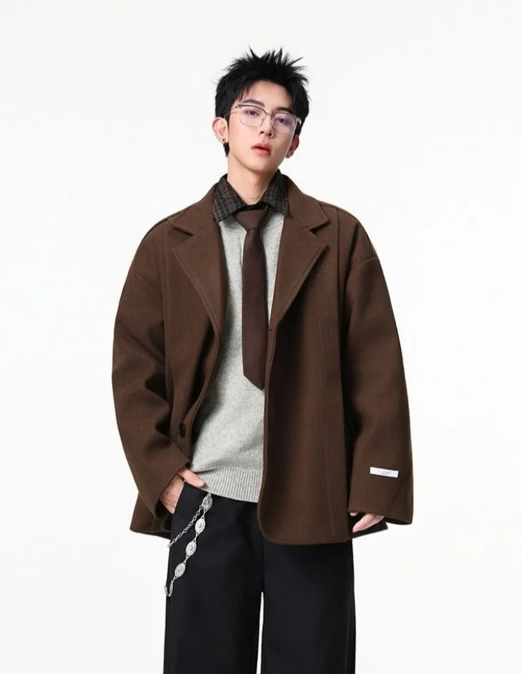 Men's British Style Brown Wool Blend Blazer Korean Loose Lapel Chic Autumn Fashion Suit Jacket