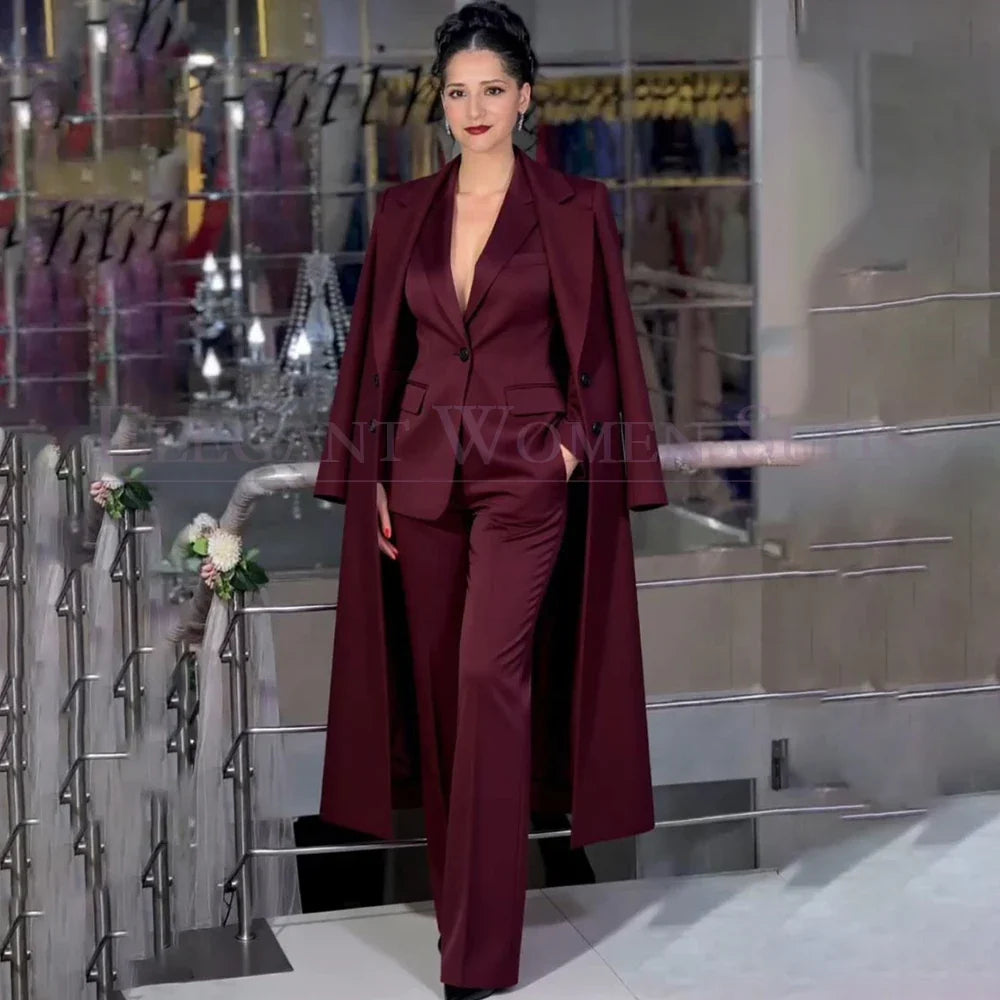 Elegant Women's Suits Fashion Burgundy 3 Piece Long Blazer Coat Customized Jacket Pants Full Sets Fashion Female Clothing