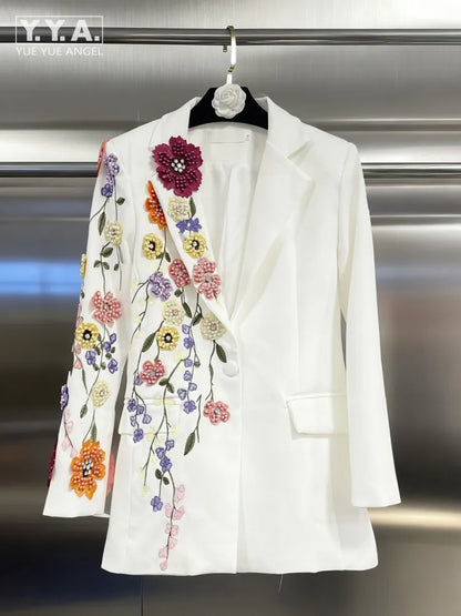 Elegant Women New Autumn Embroidery Floral Blazer Jacket Loose Fit Single Button Work Suit Coat Outwear Fashion Office Ladies