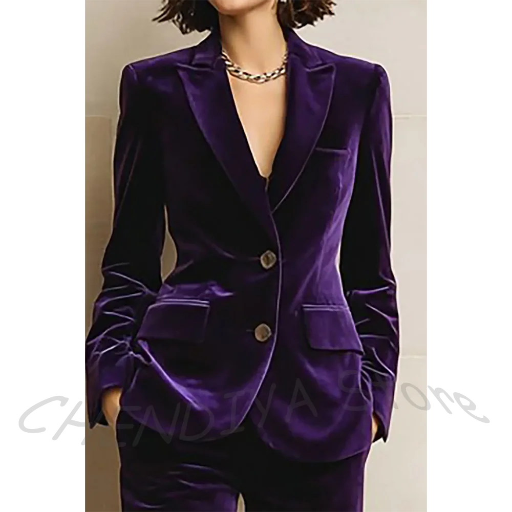 Purple Velvet Women Suit Two Pieces Classic Peaked Lapel Straight Outfit Single Breasted Tailored Elegant Lady Set Jacket Pants