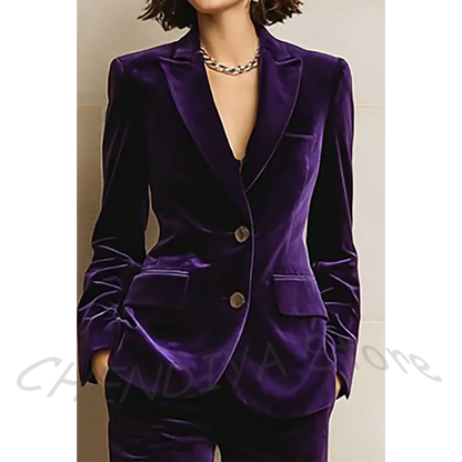 Purple Velvet Women Suit Two Pieces Classic Peaked Lapel Straight Outfit Single Breasted Tailored Elegant Lady Set Jacket Pants