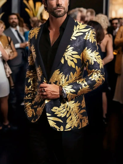 Fashion Gold Black Sequins Blazer For Men Shiny Glitter Sequined Suit Jacket Shawl Collar Wedding Party Banquet Stage Costume