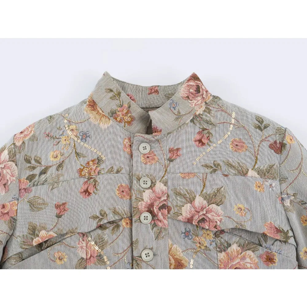 Elegant Chic Jacquard Blazers for Women New Spring & Autumn Raised Collar Buttoned Blazers with Asymmetric Hem and Patch Pockets