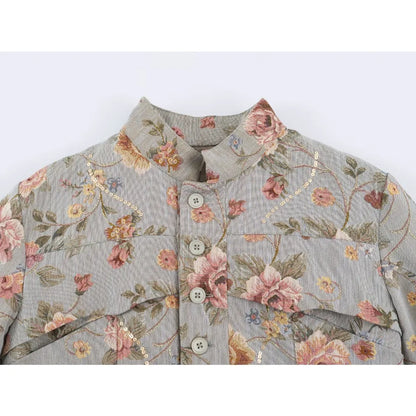 Elegant Chic Jacquard Blazers for Women New Spring & Autumn Raised Collar Buttoned Blazers with Asymmetric Hem and Patch Pockets