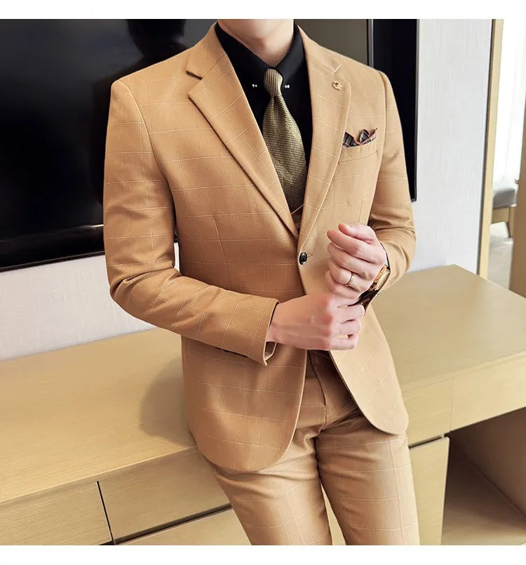 Men's 3-Piece Slim Fit Plaid Suit – Jacket, Vest & Pants for Weddings, Office & Formal Occasions