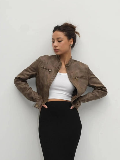 Women's Brown Leather Coat Vintage Y2k Gyaru Fashion Moto Outfit Stand Collar PU Cropped Jacket Top for Women Autumn Winter 2026