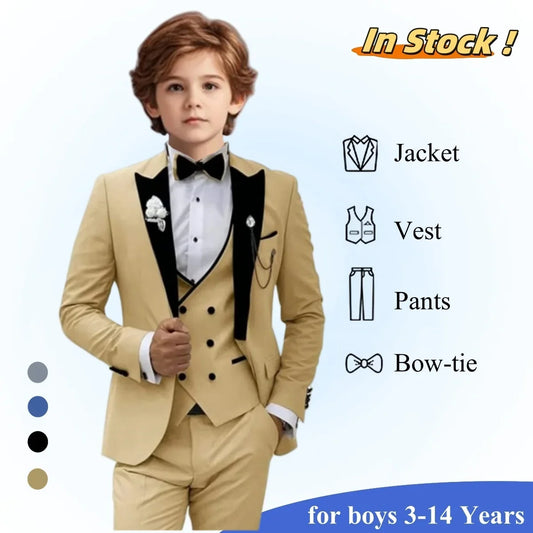 Boys Formal Suit Set with Velvet Collar – 4-Piece Tuxedo for Kids Ages 3–14