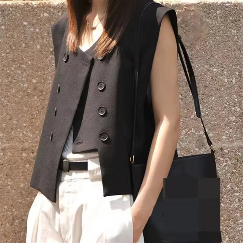 Black Suit Vest Jacket Women Irregular Top 2025 Spring Summer New Double Breasted Casual Thin Shoulder Waistcoat Female Clothes
