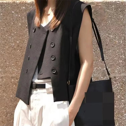 Black Suit Vest Jacket Women Irregular Top 2025 Spring Summer New Double Breasted Casual Thin Shoulder Waistcoat Female Clothes
