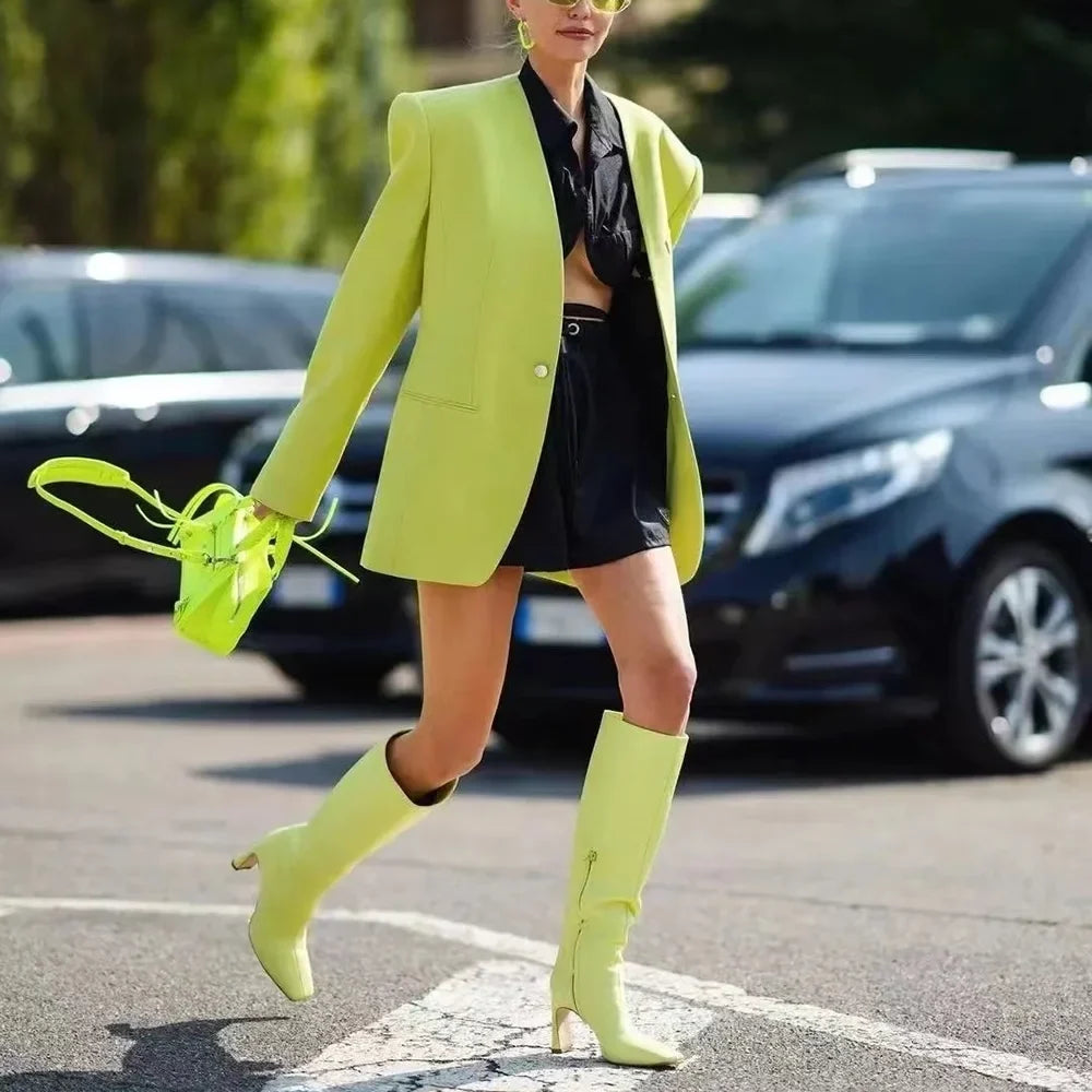 Women Jacket Fluorescence Green Summer Chic Long Sleeves One Button Solid Basic Blazer Fashion Casual Daily Jacket 1 Piece