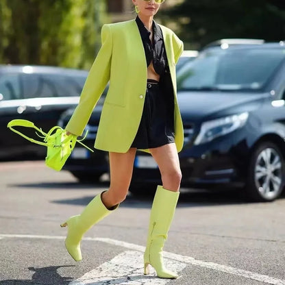 Women Jacket Fluorescence Green Summer Chic Long Sleeves One Button Solid Basic Blazer Fashion Casual Daily Jacket 1 Piece