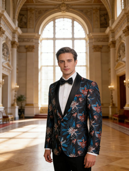 Tropical Floral Jacquard Mens Tuxedo Jacket, Black Shawl Lapel Slim Fit Blazer for Prom Banquet Wedding Photo Outfit