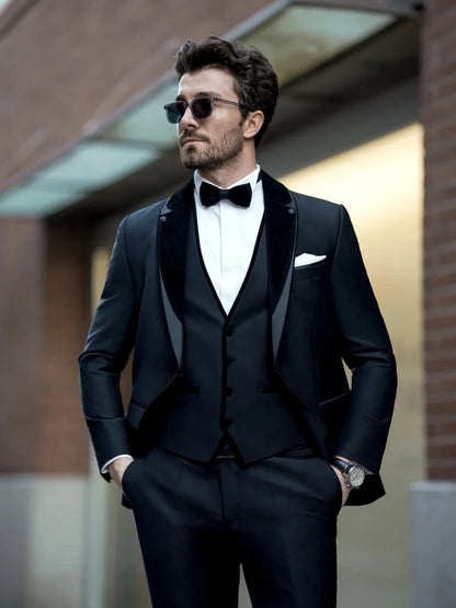 Popular Attractive Men's Slim Fit Tuxedo 3 Pieces Blazer Vest Pants Black Classy Notched Lapel Suit Set For Men Customzied 2026