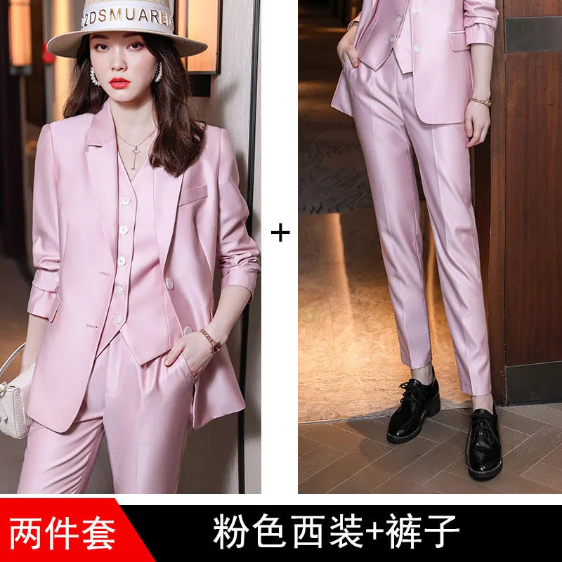 Fashion Elegant Pink High-End Small Business Suit Coat2022Autumn and Winter Elegant Vest Suit Three-Piece Korean Women's Clothin