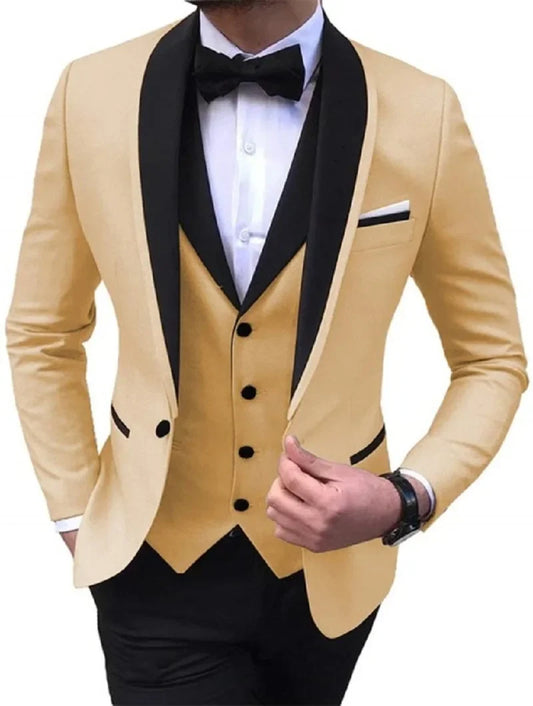 Black Shawal Lapel Costume Homme Groom Tuxedos Men Suit Wedding Prom Blazer 3 Pieces Terno Masculino (Jacket+Pants+Vest)