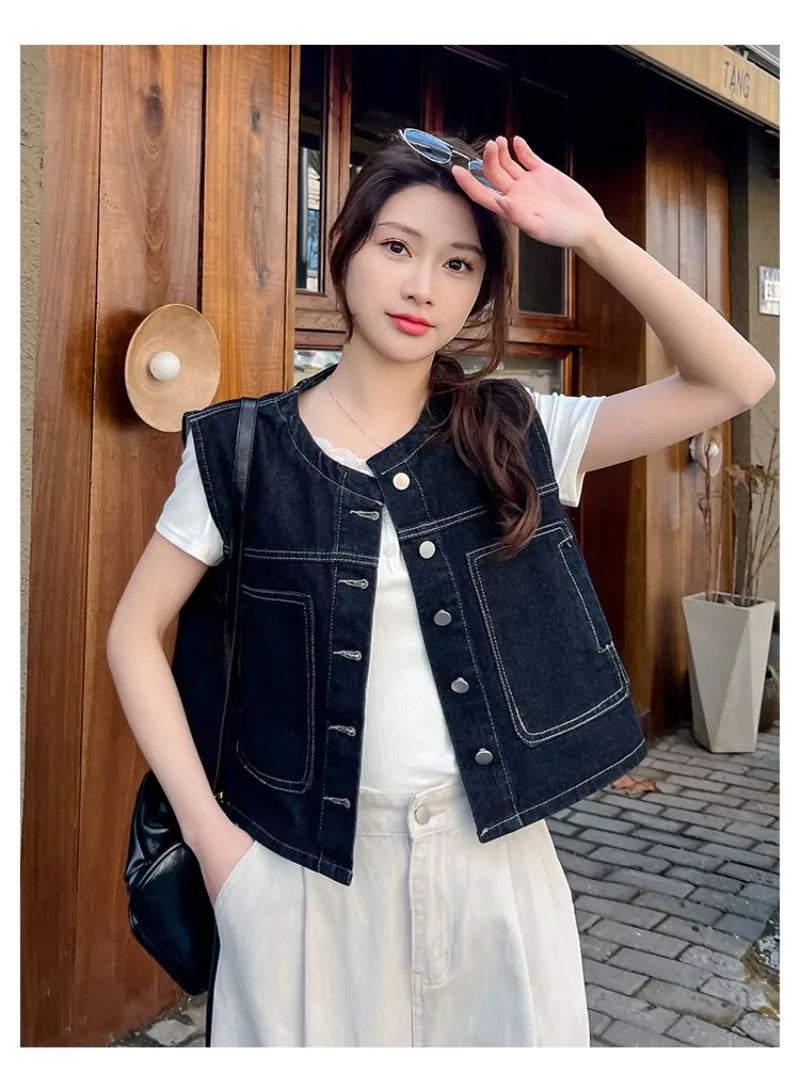 Retro Loose Thin Denim Vest Coat Women's Spring Summer Versatile Casual Sleeveless Jeans Jacket Korean Short Denim Waistcoat
