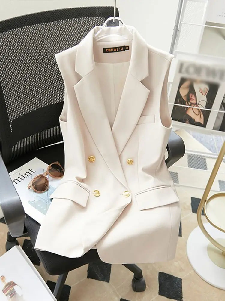 Fashion Leisure Double Breasted Buckle Suit Vest Jacket Women 2025 Spring Summer Lapel Shoulder Blazer Sleeveless Waistcoat Coat