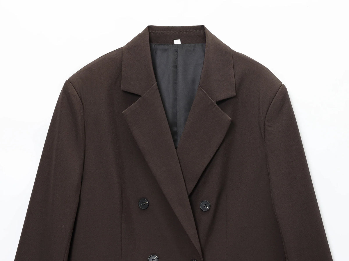Elegant Commute Double Breasted Blazer Women Trendy Vintage Brown Blazer with Shoulder Pads 2026 Spring Chic Lady Blazer