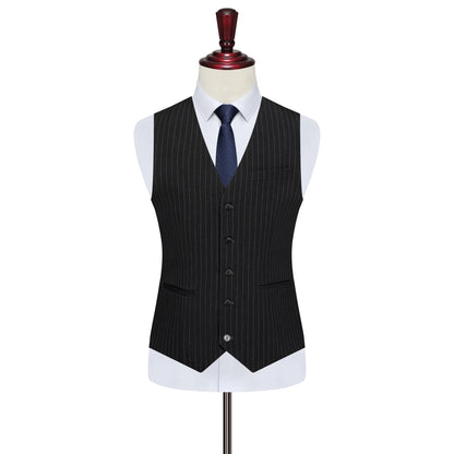 Plus Size Men Suit Set Black Striped 2‑Piece Elastic Loose Fit Double Breasted Formal Suit Set For Wedding Banquet Business Wear