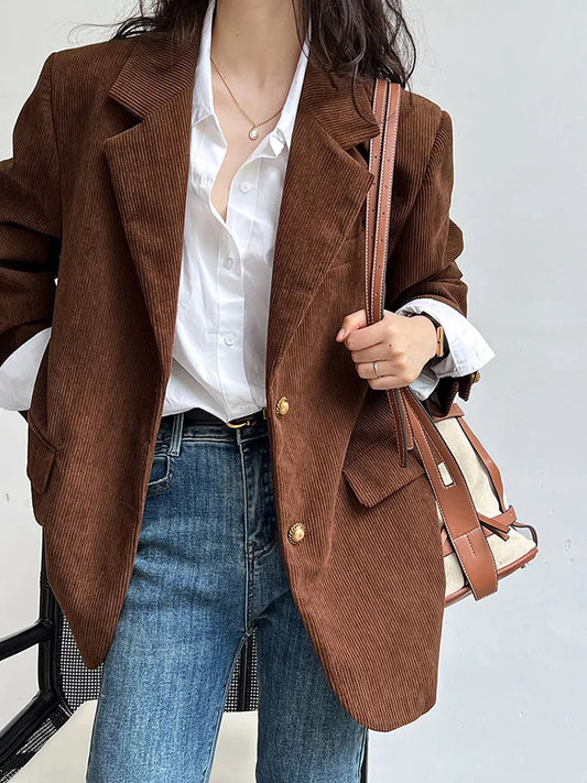 Women's Brown Corduroy Blazer Y2k 2000s Vintage Suit Coat Fashion Loose Casual Outerwear Suit Blazer Top for Women Spring Autumn