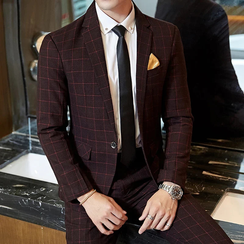 Men's Suit Two-Piece Set – Casual Plaid Single-Breasted Slim Fit for Wedding & Business
