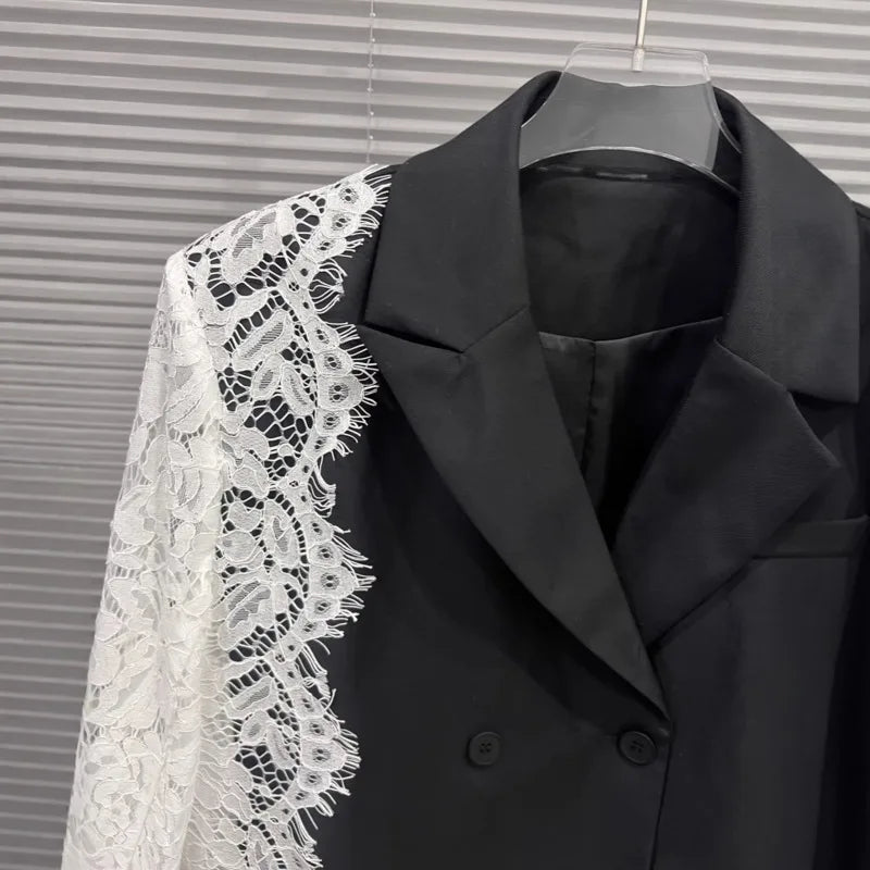 Women Chic Blazer Lace Patchwork Color Block Notched Collar Double Breasted Elegant Trendy Jacker New Spring Autumn HK20168