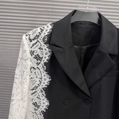 Women Chic Blazer Lace Patchwork Color Block Notched Collar Double Breasted Elegant Trendy Jacker New Spring Autumn HK20168